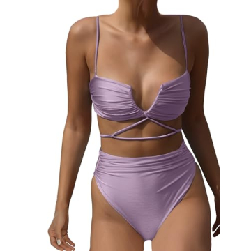 HYTENSUN Women's V Wired High Waisted Bikini Ruched High Cut Two Pieces Swimsuits Bathing Suits