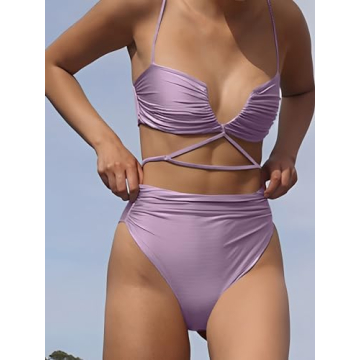 HYTENSUN Women's V Wired High Waisted Bikini Ruched High Cut Two Pieces Swimsuits Bathing Suits