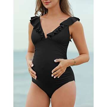 Summer Mae Maternity Swimsuit V-Neck One Piece Swimsuit Ruffled Lace Up Monokini Black L