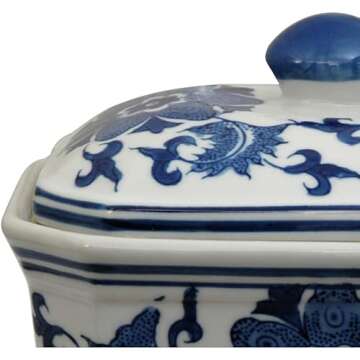 Elegant Red Lantern 8" Floral Blue & White Covered Jar