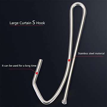 Ailejia Curtain Hooks Stainless Steel Single Prongs Metal Long S Hooks Pinch Pleat Drapery Hook for Window Curtain, Door Curtain and Shower Curtain 60 Pcs (Stainless Steel)