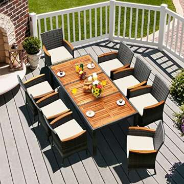 Tangkula 9 Pieces Patio Dining Set, Garden Acacia Wood and Wicker Furniture Set with 1 Rectangular T...