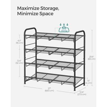 SONGMICS Shoe Rack, 4 Tier Shoe Organizer for Closet, Holds up to 16 Pairs of Shoes, Shoe Rack for Front Door Entrance, Metal Shoe Shelf with Adjustable Tilt Angle, for Entryway, Garage, Black