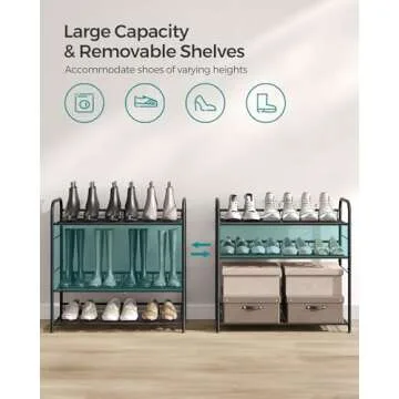 SONGMICS Shoe Rack, 4 Tier Shoe Organizer for Closet, Holds up to 16 Pairs of Shoes, Shoe Rack for Front Door Entrance, Metal Shoe Shelf with Adjustable Tilt Angle, for Entryway, Garage, Black