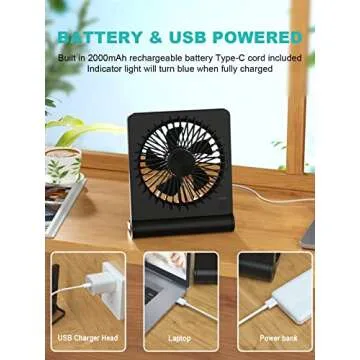 Tevelecin Small Desk Fan, 2000mAh Rechargeable USB Fan Battery Operated,Ultra Quiet, Strong Wind, 3 Speeds Travel Fans