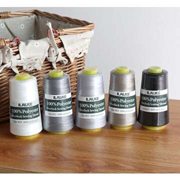 Sewing Thread 100% Polyester Spools 5 Colors 3000 Yard Spools Overlock Cone for Serger Sewing Machine