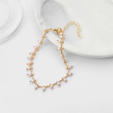 18K Gold Plated Dainty Beaded Pearl Chain Bracelet,Handmade Chain Bracelets for Women