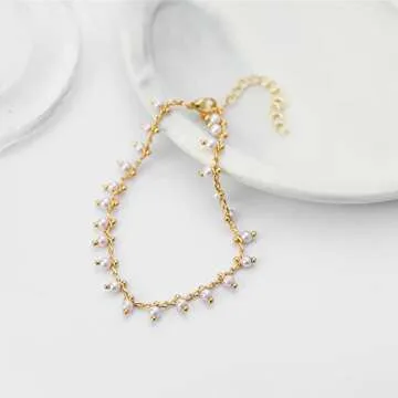 18K Gold Plated Dainty Beaded Pearl Chain Bracelet,Handmade Chain Bracelets for Women