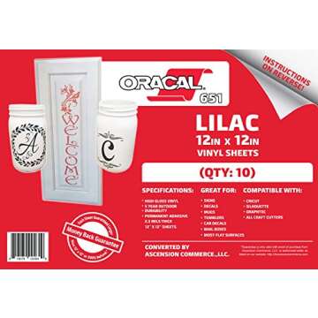 (10 Sheets) Oracal 651 Lilac Adhesive Craft Vinyl for Cricut, Silhouette, Cameo, Craft Cutters, Printers, and Decals - 12" x 12" - Gloss Finish - Outdoor and Permanent