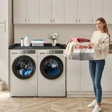 GLDZI Washer Dryer Countertop with 2 Pack Storage Baskets, Wood Washer and Dryer Countertop with Non-Slip Pads/Edge Rails for Laundry Room Storage and Organization, 27.5" W x 54" L(Black Marble)