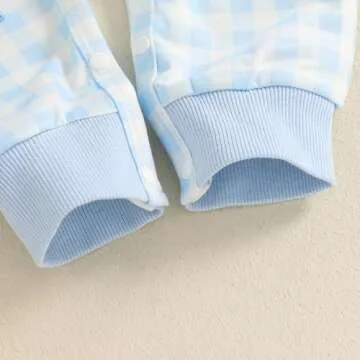 Infant Baby Boy Easter Outfit Plaid Little Bunny Long Sleeve Romper One Piece Jumpsuit Easter Boy Clothes (Blue-Little Bunny, 3-6 Months)