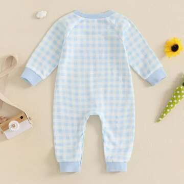 Infant Baby Boy Easter Outfit Plaid Little Bunny Long Sleeve Romper One Piece Jumpsuit Easter Boy Clothes (Blue-Little Bunny, 3-6 Months)