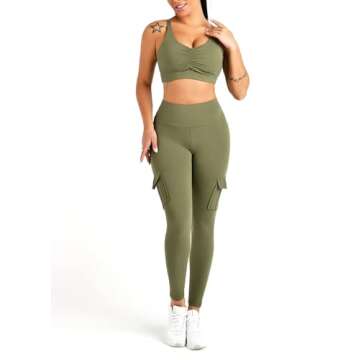 Women's Cargo Yoga Leggings with 4 Pockets High Waisted Tummy Control Stretch Workout Pants Gym Tights ArmyGreen