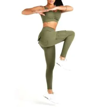 Women's Cargo Yoga Leggings with 4 Pockets High Waisted Tummy Control Stretch Workout Pants Gym Tights ArmyGreen
