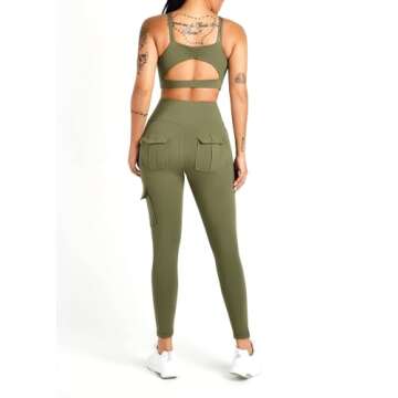 Women's Cargo Yoga Leggings with 4 Pockets High Waisted Tummy Control Stretch Workout Pants Gym Tights ArmyGreen