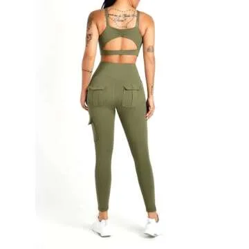 Women's Cargo Yoga Leggings with 4 Pockets High Waisted Tummy Control Stretch Workout Pants Gym Tights ArmyGreen