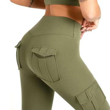 Women's Cargo Yoga Leggings with 4 Pockets High Waisted Tummy Control Stretch Workout Pants Gym Tights ArmyGreen