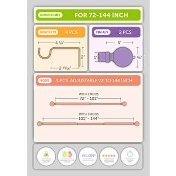 Ivilon Drapery Treatment Window Curtain Rod - Acrylic Ball 1 inch Pole. 72 to 144 Inch. Warm Gold