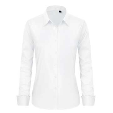 J.VER Womens Button Down Shirt Long Sleeve Dress Shirts Stretch Solid Work Blouse Collared Shirts for Business Office White