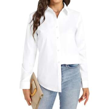 J.VER Womens Button Down Shirt Long Sleeve Dress Shirts Stretch Solid Work Blouse Collared Shirts for Business Office White