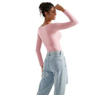 SUUKSESS Women Double Lined Fitted Basic T Shirts Scoop Neck Long Sleeve Crop Top (Pink, XS)