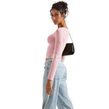 SUUKSESS Women Double Lined Fitted Basic T Shirts Scoop Neck Long Sleeve Crop Top (Pink, XS)