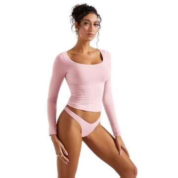 SUUKSESS Women Double Lined Fitted Basic T Shirts Scoop Neck Long Sleeve Crop Top (Pink, XS)