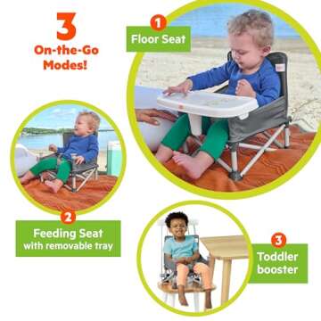 Bright Starts Pop 'N Sit Portable Booster, Indoor/Outdoor Use, Floor Seat with Feeding Tray, Grey, 6 Mos - 3 Yrs