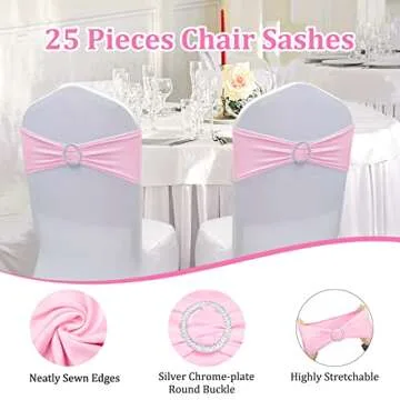 Zhongyuan Spandex Chair Sashes Elastic Chair Bows Stretch Chair Bands Ties with Buckle for Wedding Banquet Party Events Decoration(Pink, 25PCS)