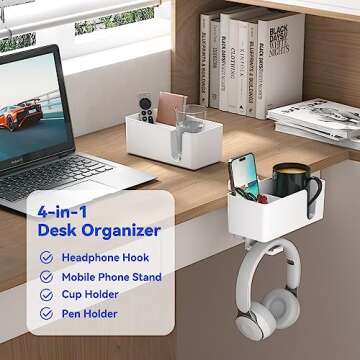 KDD 4 in 1 Desk Cup Holder - Under Desk Rotating Headphone Holder with Cup and Pen Storage