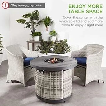 Best Choice Products 32in Round Gas Fire Pit Table, 50,000 BTU Outdoor Wicker Patio Propane Firepit w/Faux Wood Table Top, Glass Beads, Cover, Hideaway Tank Holder, Lid - Brown