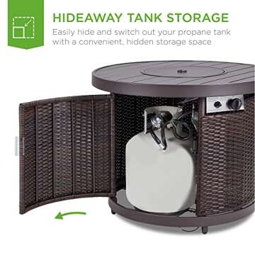 Best Choice Products 32in Round Gas Fire Pit Table, 50,000 BTU Outdoor Wicker Patio Propane Firepit w/Faux Wood Table Top, Glass Beads, Cover, Hideaway Tank Holder, Lid - Brown