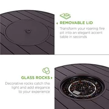 Best Choice Products 32in Round Gas Fire Pit Table, 50,000 BTU Outdoor Wicker Patio Propane Firepit w/Faux Wood Table Top, Glass Beads, Cover, Hideaway Tank Holder, Lid - Brown