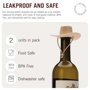 NEW - Monkey Business Silicone Wine Stoppers, Fun Cowboy Hat cap seals bottle and keeps wine fresh, Cute Wine Accessories, Novelty Kitchen Gadgets, Pack of 2 Howdy Bottle Stoppers