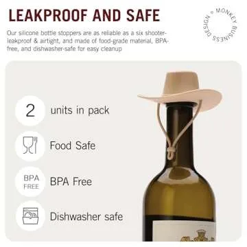 NEW - Monkey Business Silicone Wine Stoppers, Fun Cowboy Hat cap seals bottle and keeps wine fresh, Cute Wine Accessories, Novelty Kitchen Gadgets, Pack of 2 Howdy Bottle Stoppers