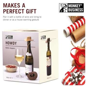 NEW - Monkey Business Silicone Wine Stoppers, Fun Cowboy Hat cap seals bottle and keeps wine fresh, Cute Wine Accessories, Novelty Kitchen Gadgets, Pack of 2 Howdy Bottle Stoppers