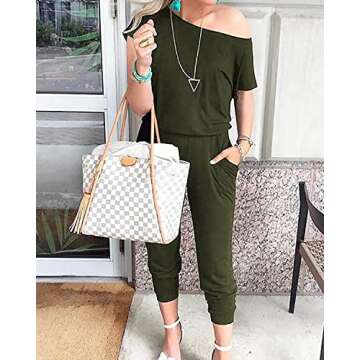 Alelly Women's Loose Fit Off Shoulder Elastic Waist Beam Foot Jumpsuit Rompers with Pockets
