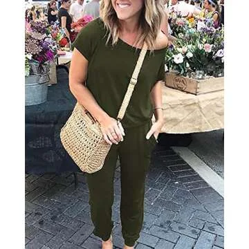 Alelly Women's Loose Fit Off Shoulder Elastic Waist Beam Foot Jumpsuit Rompers with Pockets