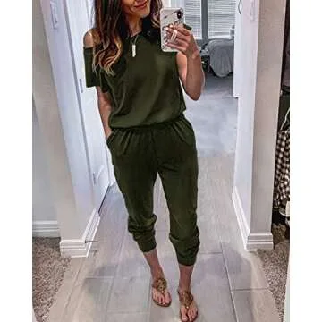 Alelly Women's Loose Fit Off Shoulder Elastic Waist Beam Foot Jumpsuit Rompers with Pockets
