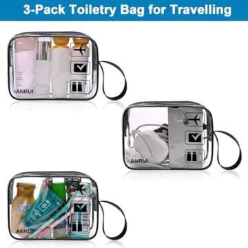 ANRUI 3pcs TSA-Approved Clear Travel Toiletry Bag With Handle Strap, Airline Kit 3-1-1 Clear Liquids Toiletries & Cosmetics Organizer Carry-On Luggage for Women and Men - Black