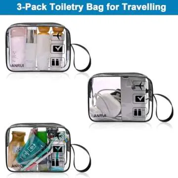 ANRUI 3pcs TSA-Approved Clear Travel Toiletry Bag With Handle Strap, Airline Kit 3-1-1 Clear Liquids Toiletries & Cosmetics Organizer Carry-On Luggage for Women and Men - Black