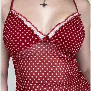 Y2K Polka Dot Spaghetti Strap Tank Top Sleeveless Sheer Mesh V Neck Camisole See Through Lace Trim C...