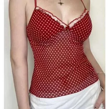 Y2K Polka Dot Spaghetti Strap Tank Top Sleeveless Sheer Mesh V Neck Camisole See Through Lace Trim Camis Red