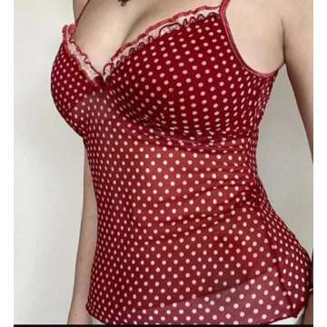 Y2K Polka Dot Spaghetti Strap Tank Top Sleeveless Sheer Mesh V Neck Camisole See Through Lace Trim Camis Red