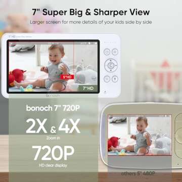 bonoch MegaView Baby Monitor with 2 Cameras, 7" 720P HD Split Screen Baby Monitor No WiFi, Video Baby Monitor with Camera and Audio, 6000mAh, VOX Mode, 2 Way Audio, Remote PTZ, Auto Night Vision