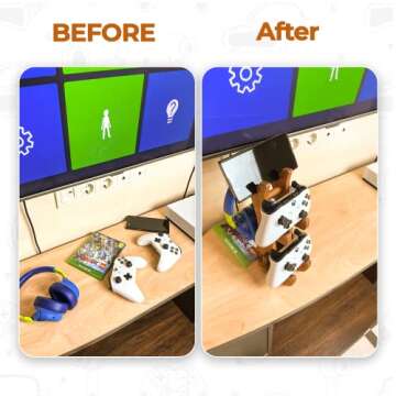 ROSTMARYGIFT Wooden Controller Stand - Dual Game Controller Holder, Headphone Hanger and Phone Stand - Universal Gaming Acessories and Gamer Gift - Portable Headset Storage Organizer