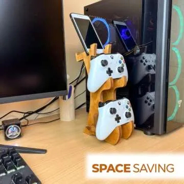 ROSTMARYGIFT Wooden Controller Stand - Dual Game Controller Holder, Headphone Hanger and Phone Stand - Universal Gaming Acessories and Gamer Gift - Portable Headset Storage Organizer