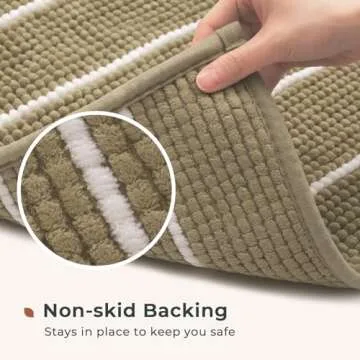 FRESHMINT Stripe Chenille Bathroom Rugs Set 2 Piece 17"x24"+20"x32", Water Absorbent Soft Bath Mat for Bathroom, Non Slip Bath Rug Washable Quick Dry Shower Mats, Beige and White