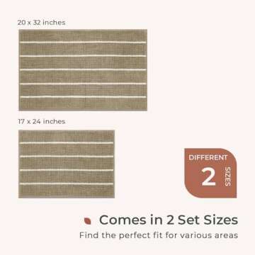 FRESHMINT Stripe Chenille Bathroom Rugs Set 2 Piece 17"x24"+20"x32", Water Absorbent Soft Bath Mat for Bathroom, Non Slip Bath Rug Washable Quick Dry Shower Mats, Beige and White