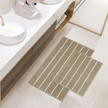 FRESHMINT Stripe Chenille Bathroom Rugs Set 2 Piece 17"x24"+20"x32", Water Absorbent Soft Bath Mat for Bathroom, Non Slip Bath Rug Washable Quick Dry Shower Mats, Beige and White